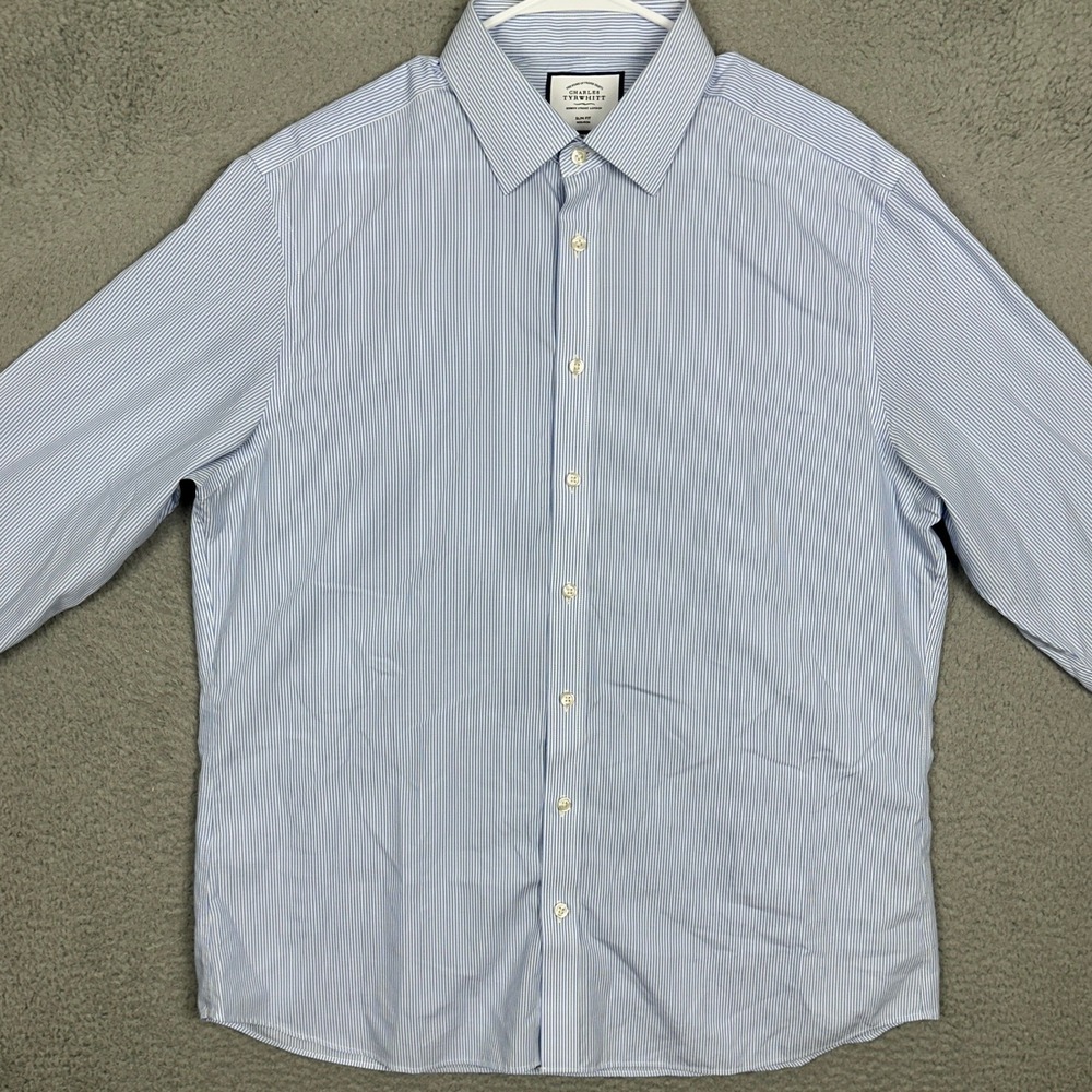 Charles Tyrwhitt Dress Shirt Mens 17.5-34 Slim Fit Blue Micro-Stripe Button Up